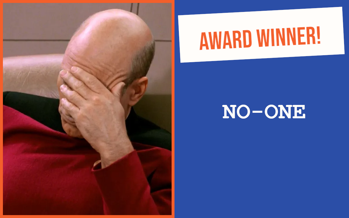 Man from Star Trek holding his head in his hand, because there was no winner at the September Milton Keynes networking event.